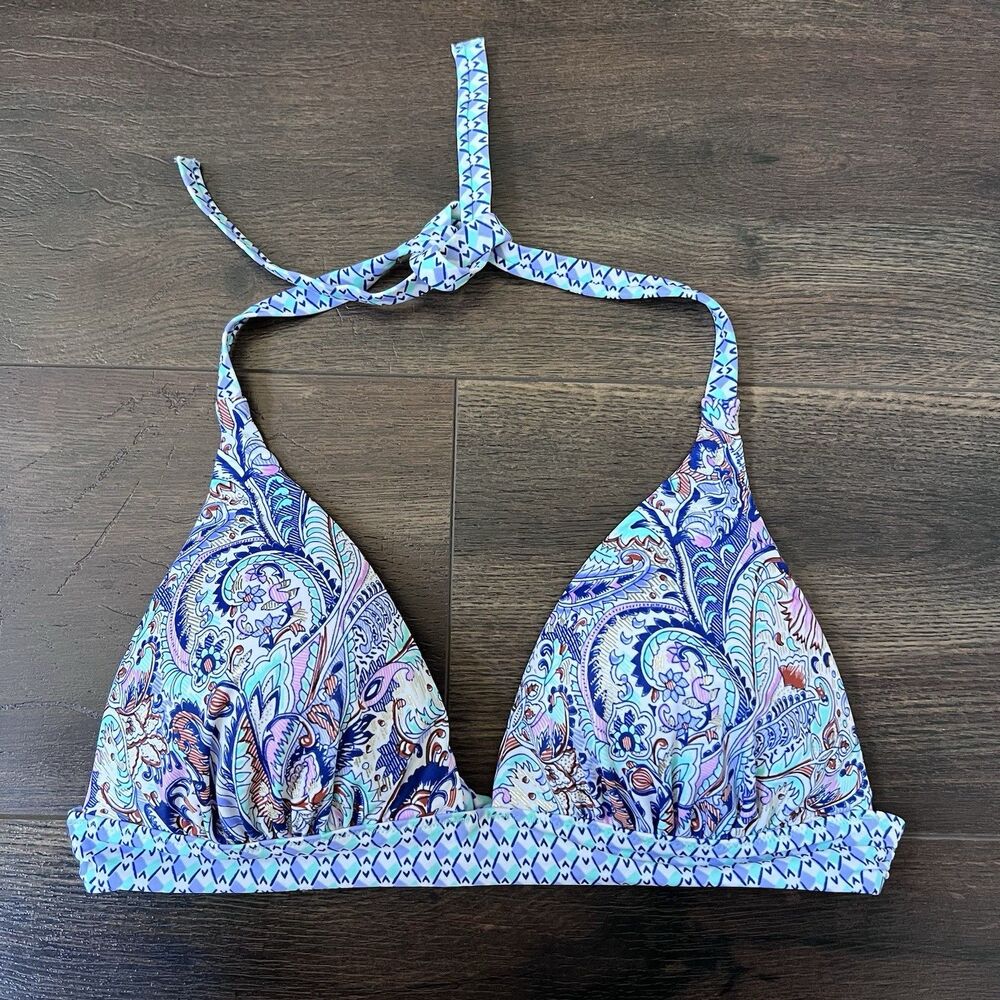 Victoria's Secret Blue Boho Paisley Plunge Halter Bikini Top Size L  Style 31159
